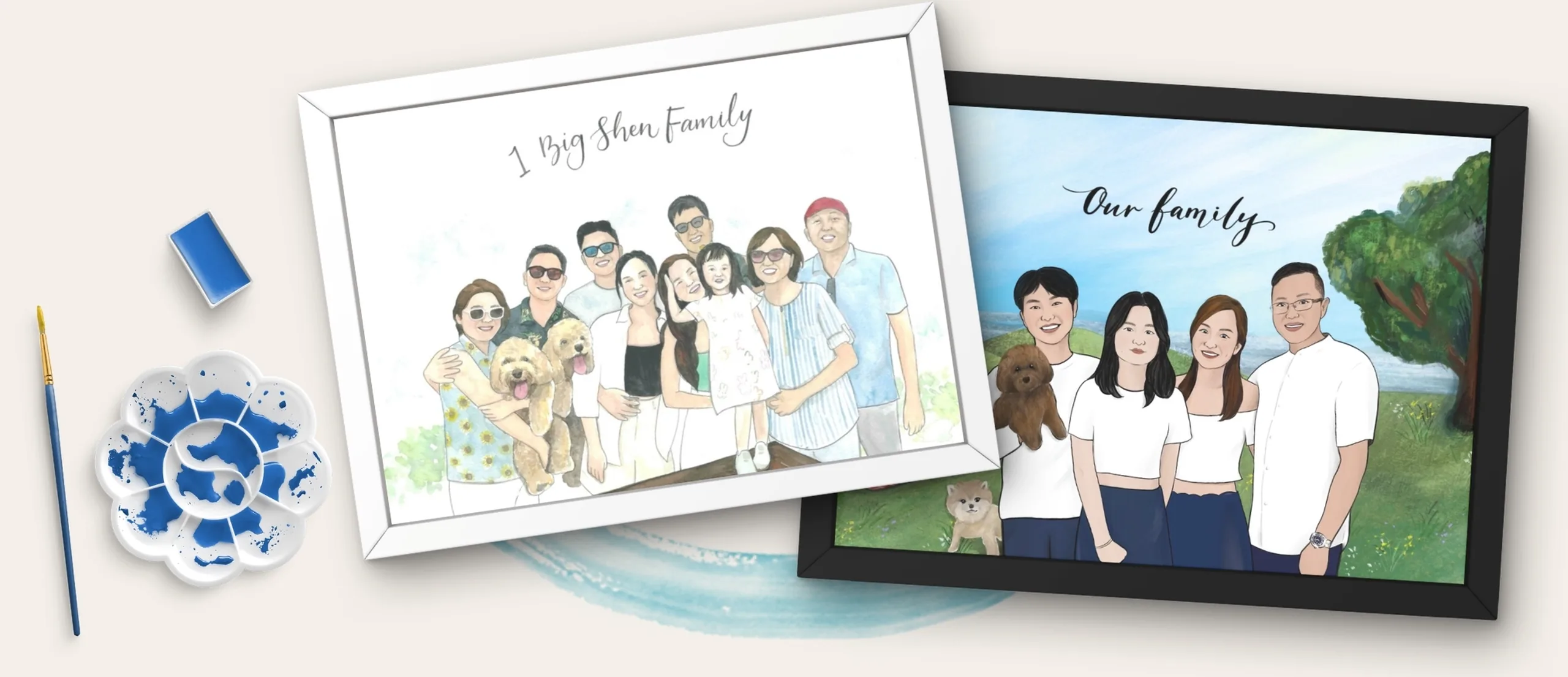 Hand-painted family group portrait on a single sheet
