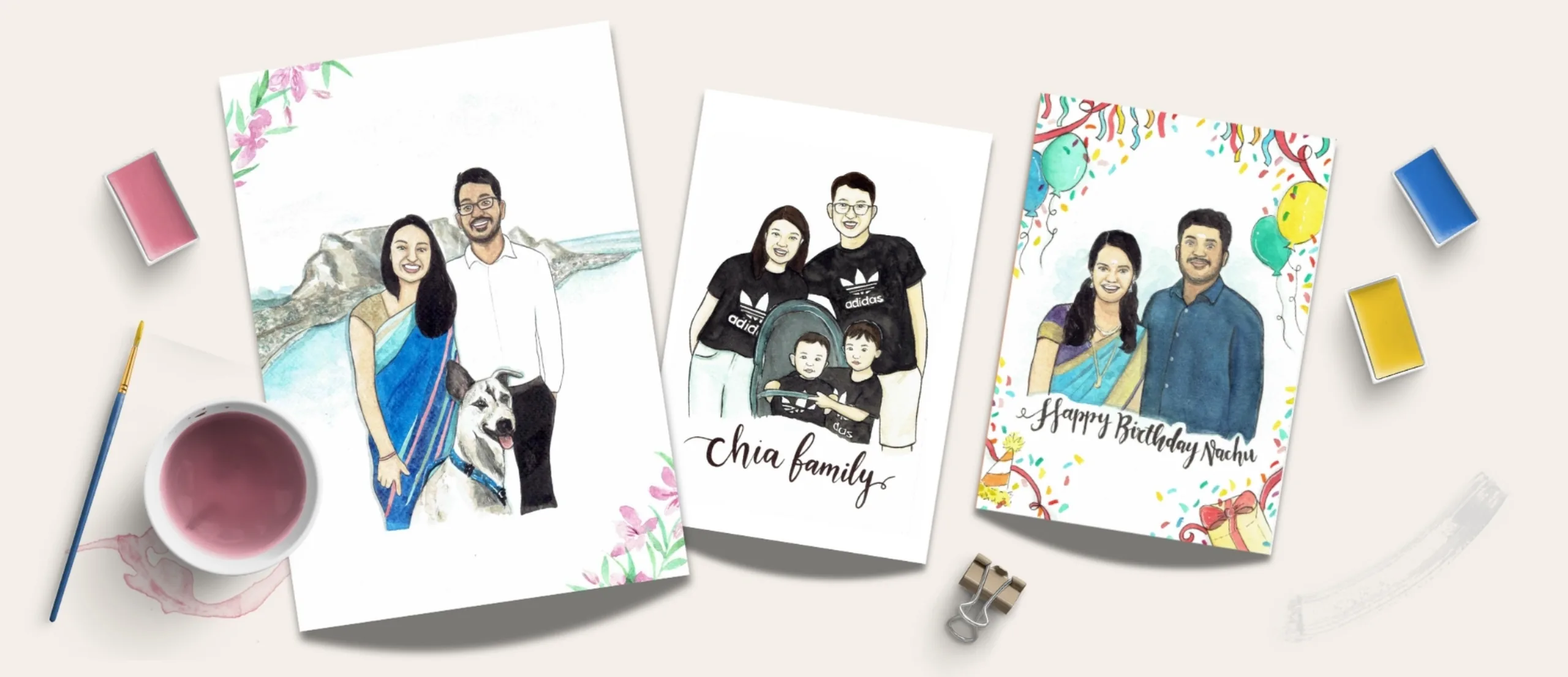 Hand-painted watercolour couple portrait with a floral border