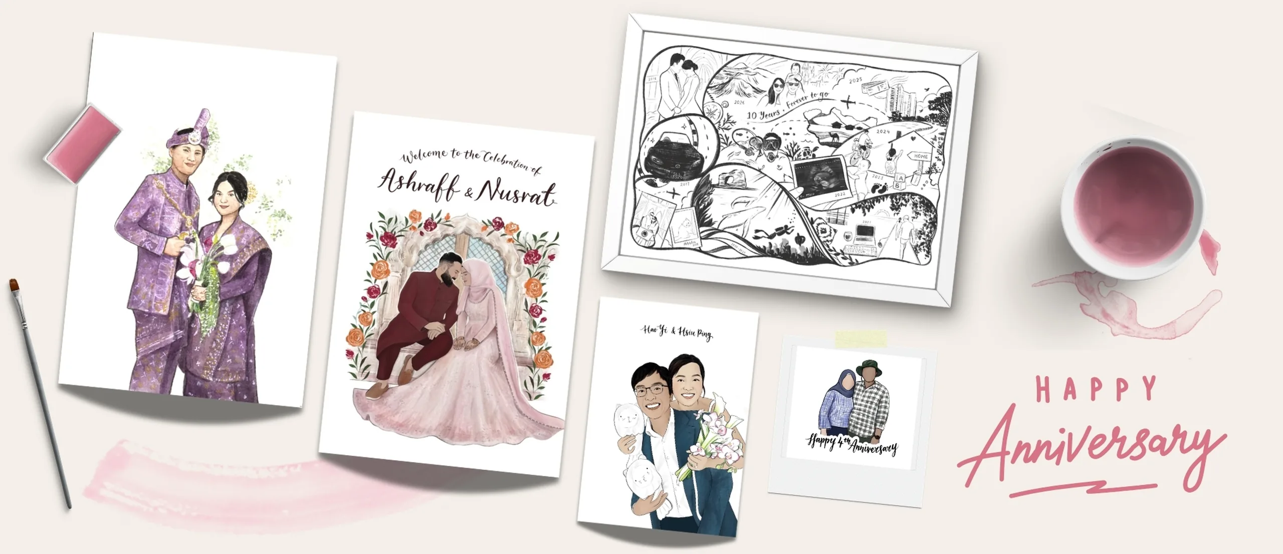 Hand-painted couple portrait with floral detailing
