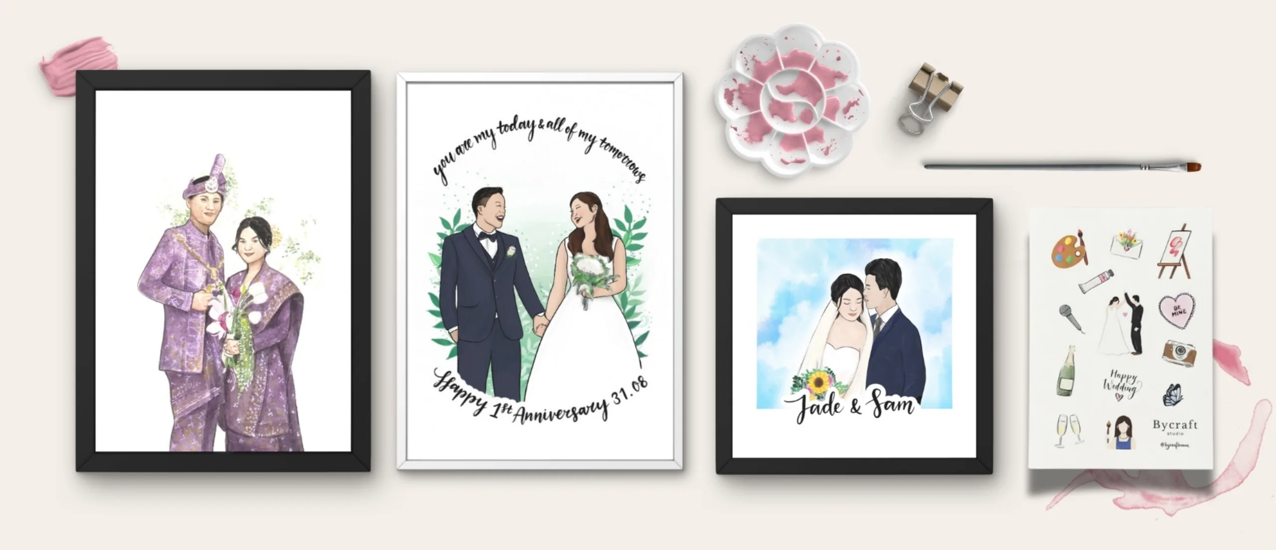 Hand-painted couple portrait with a floral border