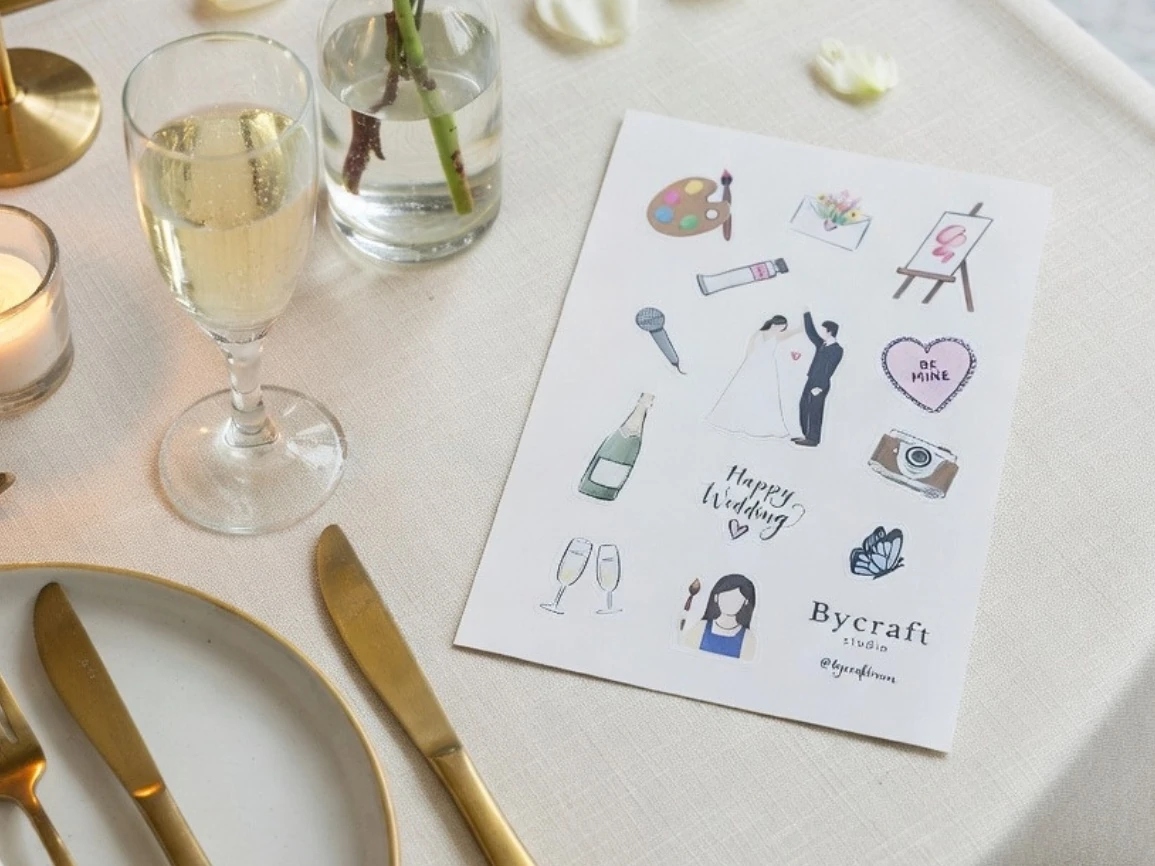 personalised sticker sheet on a wedding celebration dining table