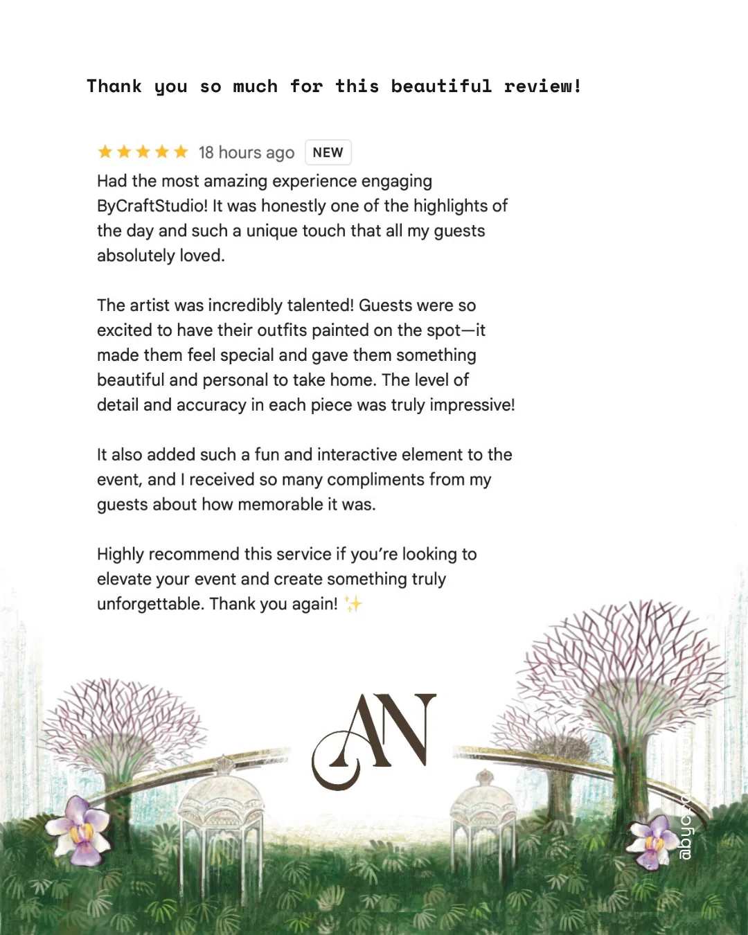 Google review screenshot of gardens by the bay guest portrait painting experience