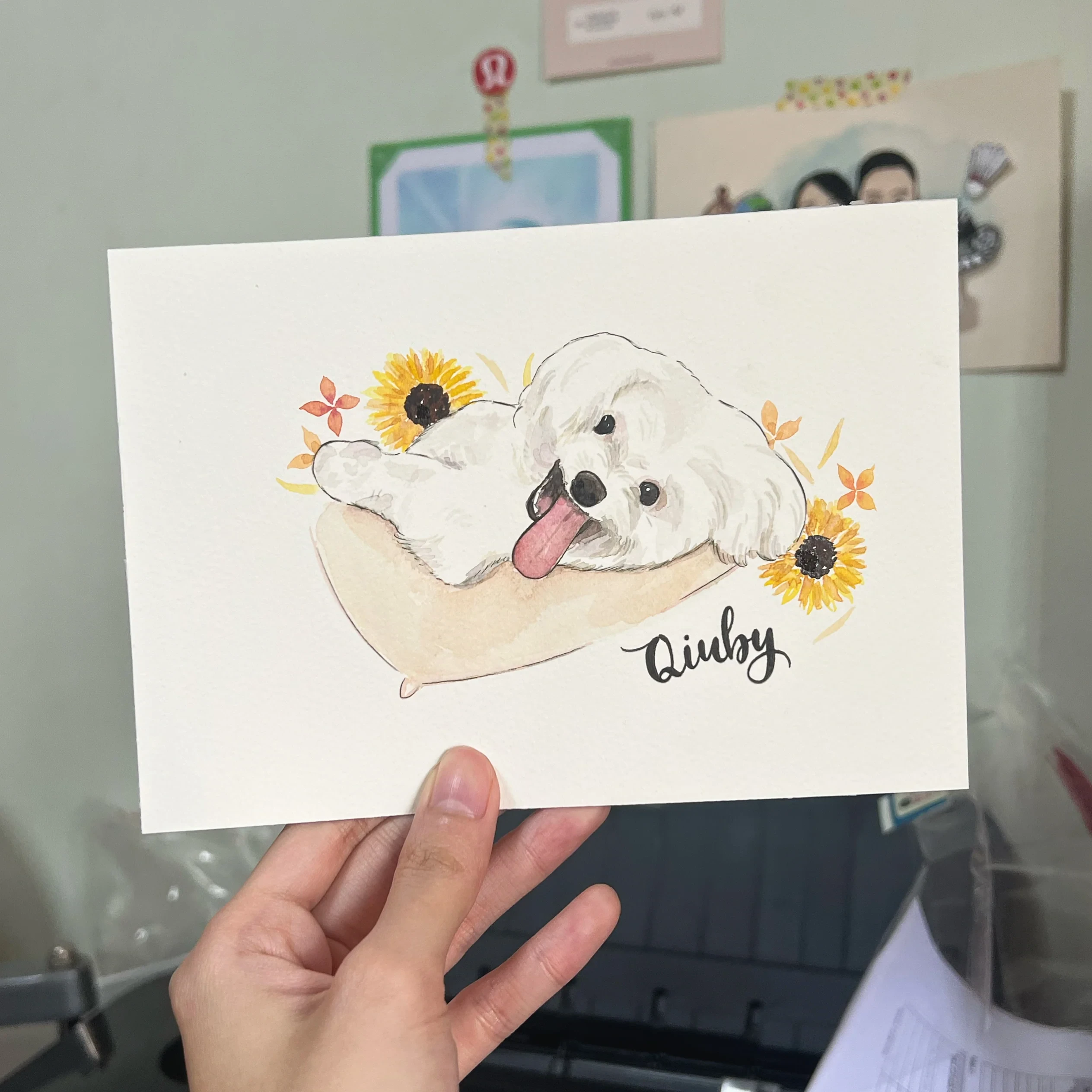 custom pet dog watercolor portrait with sunflower floral background