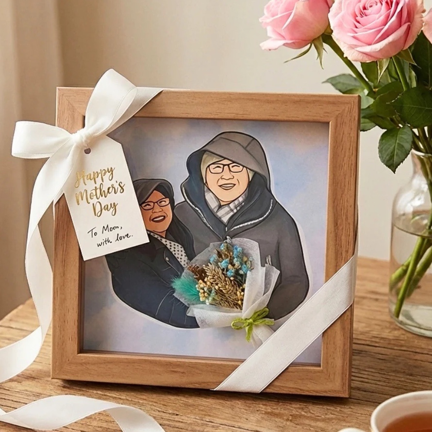 Mother's Day personalised portrait frame with mini floral bouquet