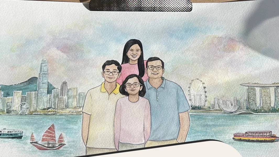 Family watercolor illustration featuring Hong Kong and Singapore skyline