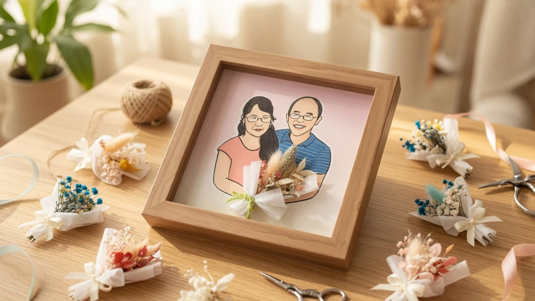 Custom couple portrait shadow frame with mini floral bouquet.jpg