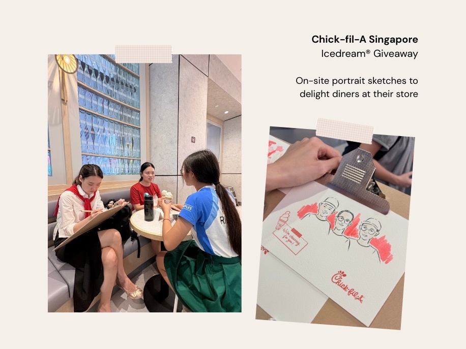 Two images showing people at a Chick-fil-A restaurant with a promotional banner about an on-site portrait giveaway.