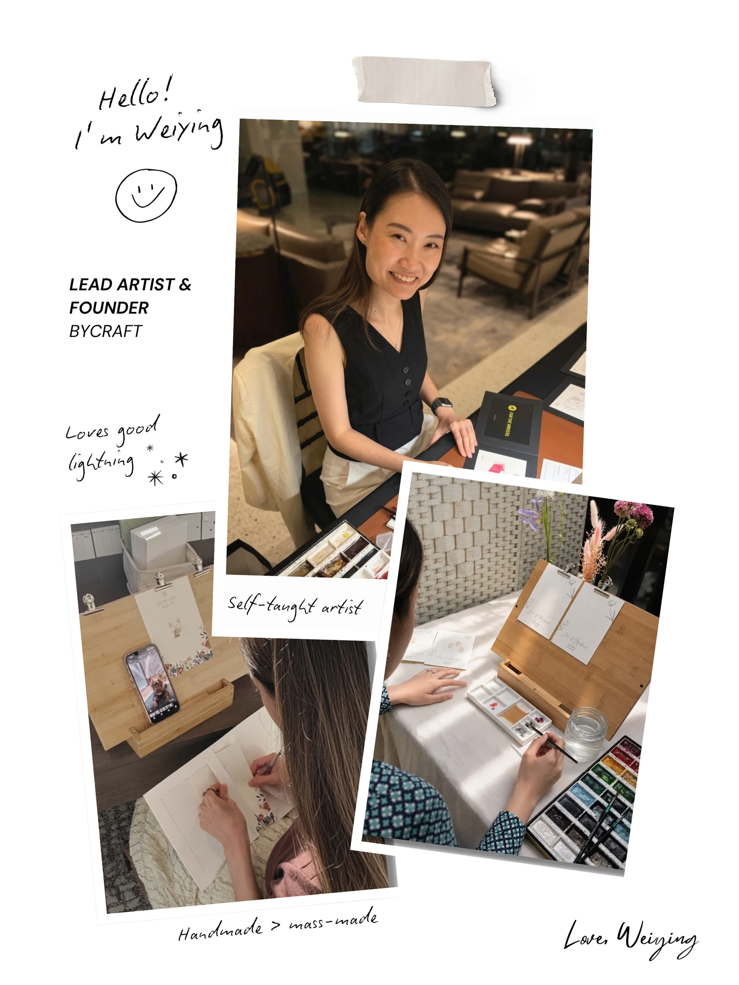 Weiying, Bycraft's lead artist and founder, hand-painting watercolour portraits in the studio