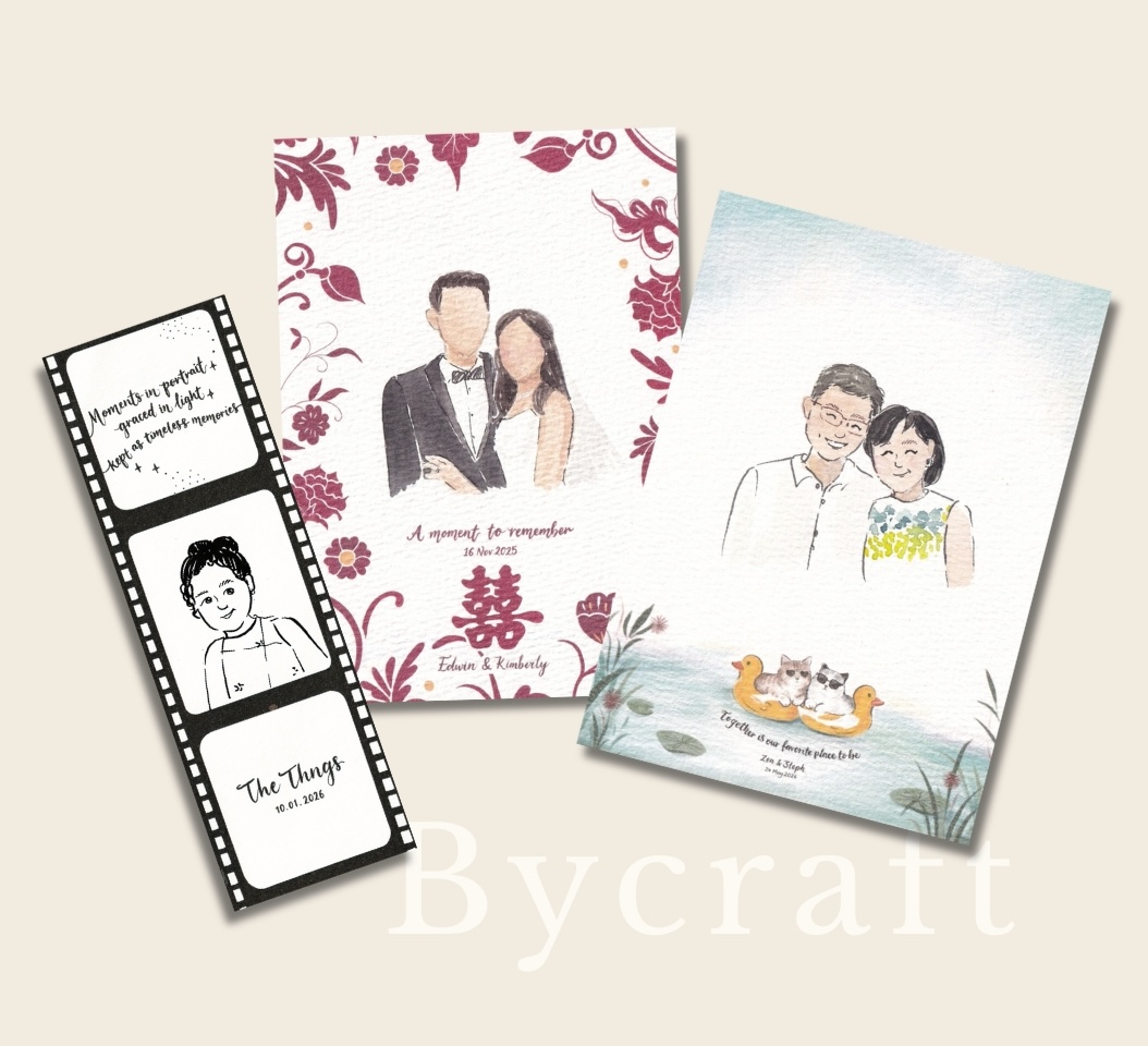 Bycraft house-style portrait samples: a timeless film-strip sketch, a faceless wedding portrait and a face-style couple portrait